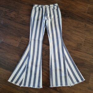 Bestto Stripe Flare Bell Bottom Jeans High Rise Tall Full Length Fringed Size 26